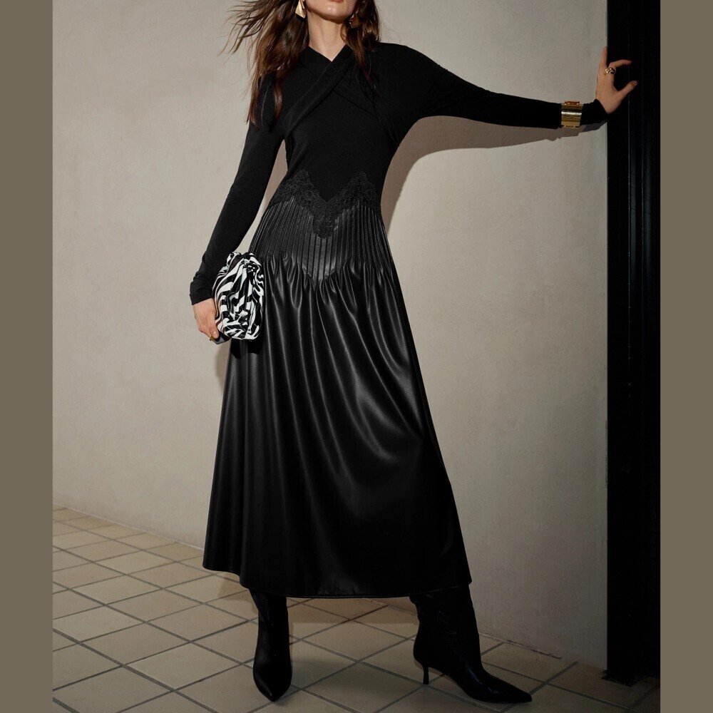 Black Faux Leather Lace Trim Long Sleeve Pleated Maxi Dress